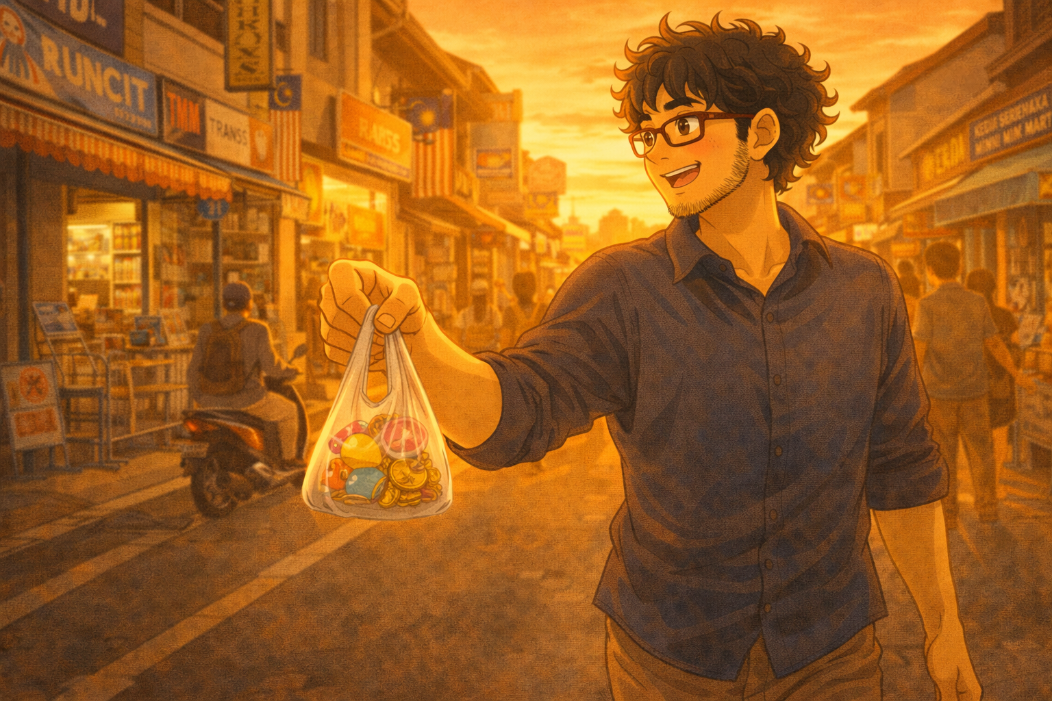 Golden hour in Melaka — Faris walking through a warm street with a small plastic bag of gifts, smiling. The happiest, warmest illustration in the book.